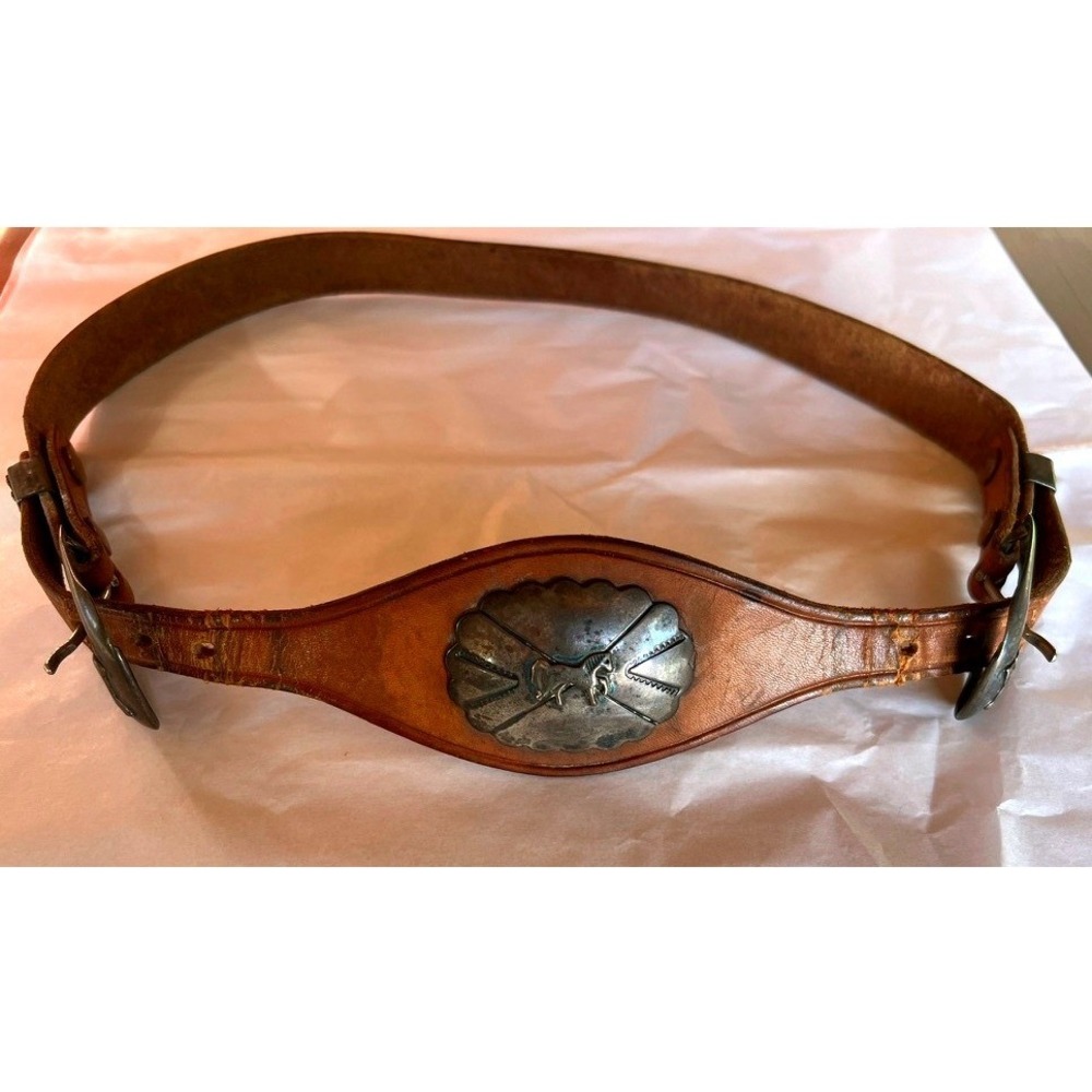 Vintage Sterling Silver Double Buckle Horse Belt 28 Tan Leather Western Concho